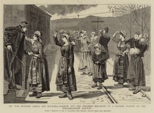 The War between Servia and Bulgaria, looking out for Wounded Relatives at a Wayside Station on the Nisch-Belgrade Railway